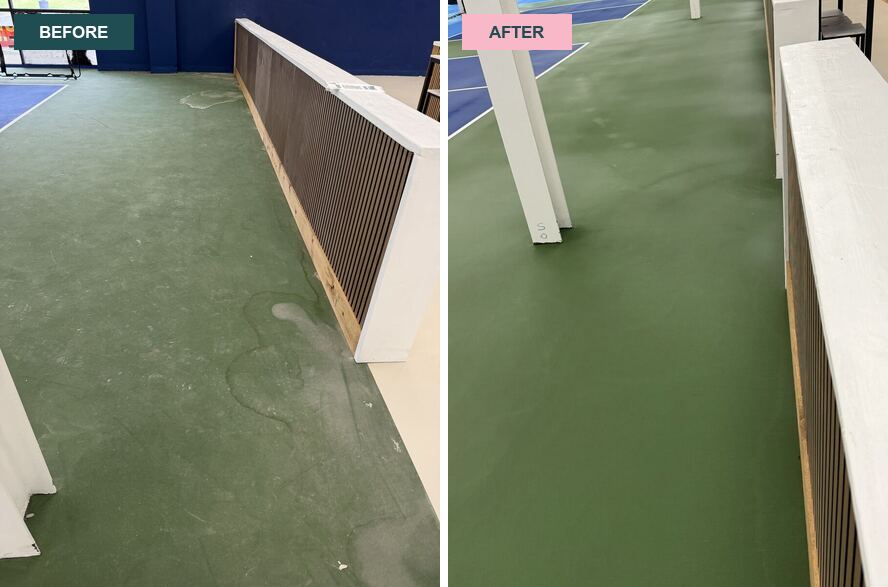 Before and after: water marks and scuffs on the walkway beside the bench wall, then clean