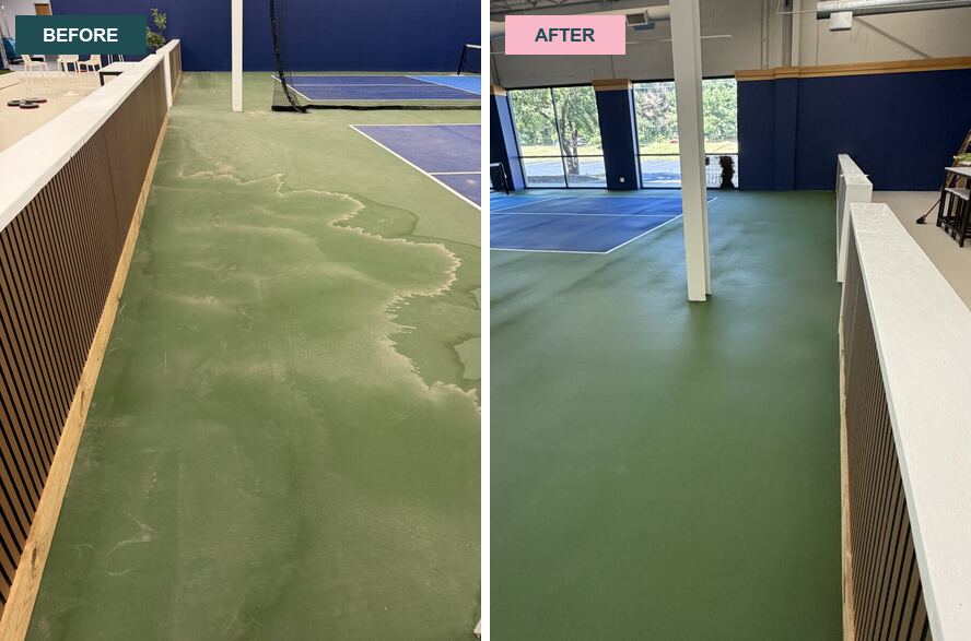 Before and after photos of an indoor pickleball court cleaned by Dink and Done